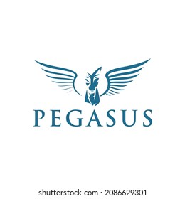Vector icon of a blue pegasus logo design facing forward, with the sun shining from the side
