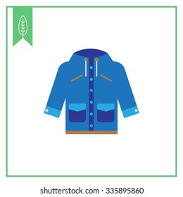 Vector icon of blue raincoat with hood and pockets