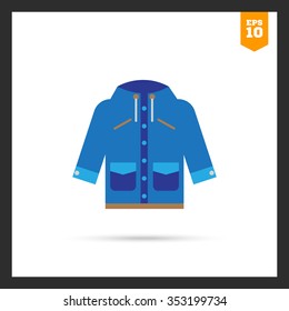 Vector icon of blue raincoat with hood and pockets