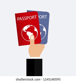 
Vector icon. Blue and red passport in hand. Vector illustration. Flat design for business financial marketing advertisement advertisement web concept cartoon illustration