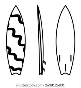Vector Icon Blue surfboard in full visual display,
seen from front, side, and back,
line art style