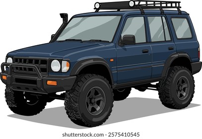 Vector icon: A blue SUV with big tires and a rack on top.