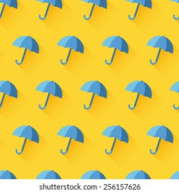 Vector icon of blue umbrella on yellow background. Rain protection symbol. Trendy flat design style with long shadow. Vector element for web design and infographics . For web and print design.