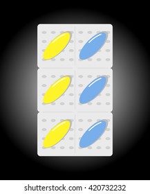 Vector icon of  blue and yellow capsules in blister pack