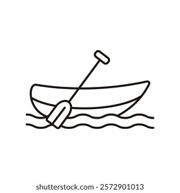 Vector icon boat with oars. Outline drawing of inflatable vessel for fishing. Paddle, recreation, coast guard, passenger boat. Banner, logo, print for design, illustration black on white . EPS 10