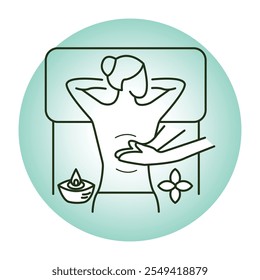 Vector icon for body massage and relaxation. Depicts a person receiving a massage with oil and flower, symbolizing wellness and stress relief.