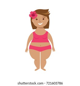 Vector icon of body positive young girl in swimsuite. Overweight smiling friendly happy woman isolated on white background