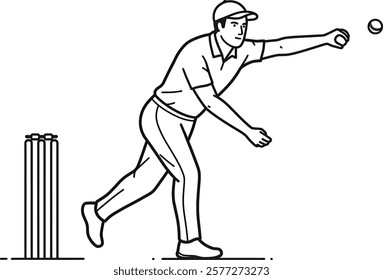 Vector icon:  A boller throwing ball towards the batsman in cricket game.