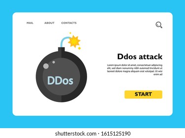 Vector icon of bomb with burning fuse and Ddos word. Ddos attack, cyber attack, computer hacking. Hackers concept. Can be used for topics like computer crime, programming, hacking