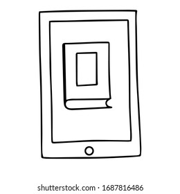 Vector icon of book, books, pile of books, paper book, e book, open book. Handdrawn black outline isolated on white background.  Doodle style.
