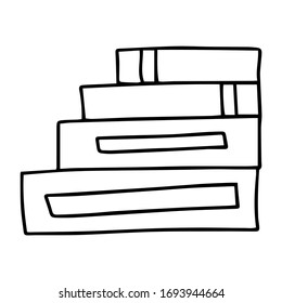 Vector icon of book, books, pile of books, paper book, e book, open book. Handdrawn black outline isolated on white background.  Doodle style.
