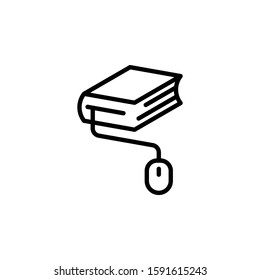 Vector icon of a book with computer mouse for internet and online education, e-learning resources, distant online courses, universities and schools.