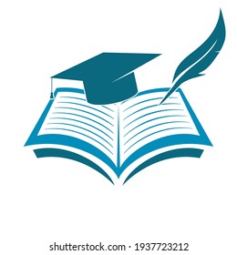 Vector icon of book, feather and cap of graduate. Source of knowledge. Flat design isolated on white 