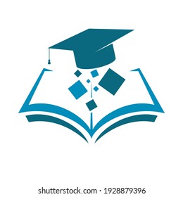 Vector icon of book and graduate caps. Source of knowledge. Flat design isolated on white 