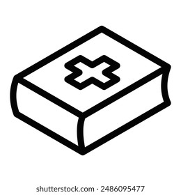 Vector icon of a book with a medical cross symbol on the cover, representing healthcare, medical literature, or pharmaceutical reference. Editable stroke.