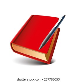Vector icon of book and pen on white background.