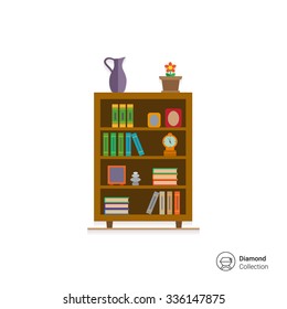 Vector icon of book shelves decorated with potted flower, clock and photo frames