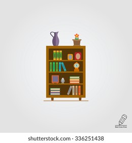 Vector icon of book shelves decorated with potted flower, clock and photo frames