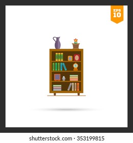 Vector icon of book shelves decorated with potted flower, clock and photo frames
