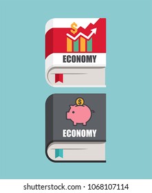 vector Icon books about economics and finance. On the cover is a growth chart and a piggy bank with a dollar.