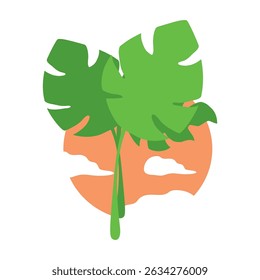 Vector icon of botanical leaves plant with the sun and clouds behind, isolated vector object on white background, flat color design.