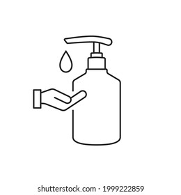 Vector icon of bottle with liquid soap. Hand sanitizer wash gel linear icon. Editable stroke. 