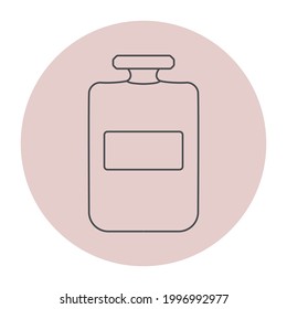 Vector Icon of Bottle with Perfume. Line art illustration of Fragrance. Pictogram of Parfum on light pink background for web design or button