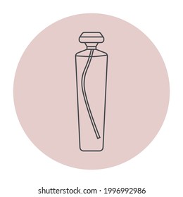 Vector Icon of Bottle with Perfume. Line art illustration of Fragrance. Pictogram of Parfum on light pink background for web design or button