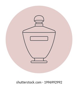 Vector Icon of Bottle with Perfume. Line art illustration of Fragrance. Pictogram of Parfum on light pink background for web design or button