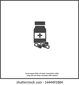 Vector icon bottle with pill medicine. Vessel with a medical cross on white isolated background.