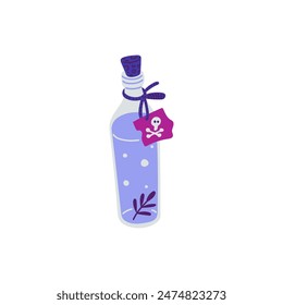 Vector icon of a bottle of poison. Realistic glass bottle with stopper and vintage label with skull and crossbones. Perfect for decorating potions and Halloween.