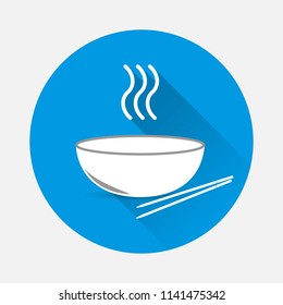 Vector icon  bowl of hot soup with asian sticks on blue background. Flat image soup a with long shadow. Layers grouped for easy editing illustration.  For your design.