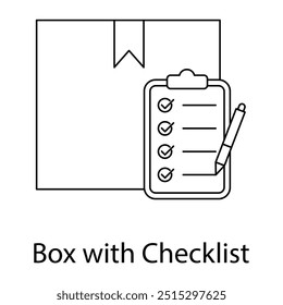 Ícone de vetor para caixa com lista de verificação. Ilustração de linha de uma caixa e lista de verificação, ideal para projetos de entrega, controle de pedidos e gerenciamento de inventário.