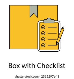 Ícone de vetor para caixa com lista de verificação. Ilustração de linha de uma caixa e lista de verificação, ideal para projetos de entrega, controle de pedidos e gerenciamento de inventário.