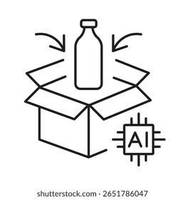 Um ícone vetorial de uma caixa com um produto e um chip de IA, representando uma embalagem inteligente e o rastreamento de produtos com inteligência artificial, criado em estilo de linha com traço editável