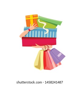 vector icon for boxes and shopping bags in women's hands, holiday sale, black friday, discounts on goods in the market, online store on the Internet, the program for buyers isolated on white eps 10