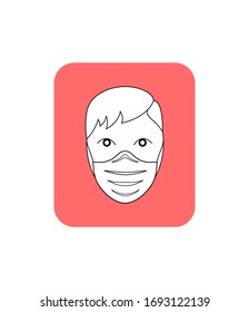 Vector icon with a boy in a mask warning of protection against coronavirus on a white background.