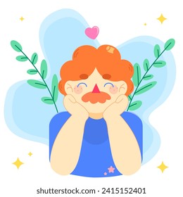 vector icon with a boy in orange and blue colors on a blue background with eucalyptus sprigs, stars and a heart