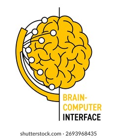 Ícone vetorial do computador do cérebro - emblema do fone de ouvido da interface. Dispositivo de neurotecnologia para leitura do sinal EEG, monitorização da atividade neural, interação cognitiva, sistemas de assistência e investigação inovadora