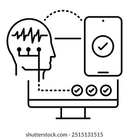 Vector icon for Brain Computer Interface. Brain connected to a computer, symbolizing neural interaction in a monochrome outline design.