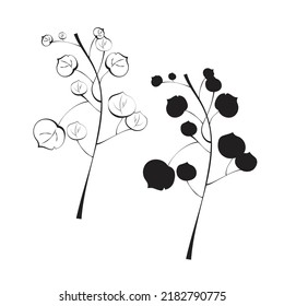Vector icon of a branch. Botanical illustration in black color. Design element. Sketch for tattoos, greeting cards, blogs, posters. Design for printing on textiles, clothing.
