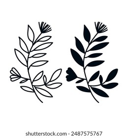 Rama del icono del Vector con el icono de las hojas, diseño blanco y negro de las hojas, planta botánica dibujada a mano. 