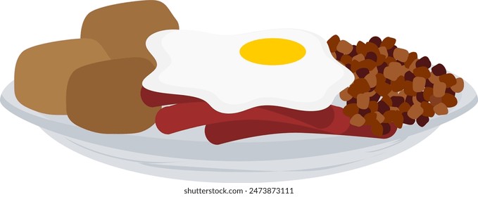 Vector icon of breakfast plate with egg, sausage, and potatoes.