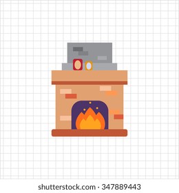 Vector icon of brick fireplace with flame decorated with photo frames