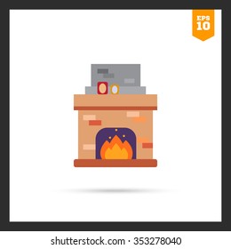 Vector icon of brick fireplace with flame decorated with photo frames
