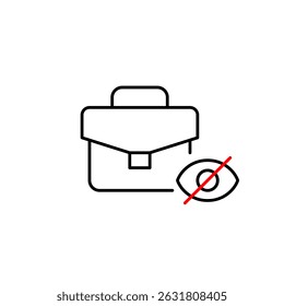 Vector icon of briefcase with crossed-out eye, symbolizing hidden files, private business, or confidential work. Ideal for office apps, security software, and privacy-focused platforms