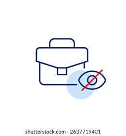 Vector icon of briefcase with crossed-out eye, symbolizing hidden files, private business, or confidential work. Ideal for office apps, security software, and privacy-focused platforms