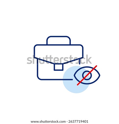 Vector icon of briefcase with crossed-out eye, symbolizing hidden files, private business, or confidential work. Ideal for office apps, security software, and privacy-focused platforms