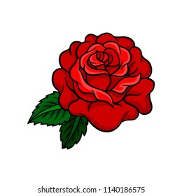 Vector icon of bright rose bud with two green leaves. Old-school tattoo design. Element for sticker, greeting card or invitation