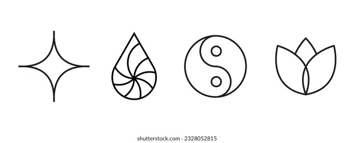 Vector icon of bright shine, water drop, yin yang, lotus petals set collection. Spiritual symbolic sign. Pure clear oil symbol. Meditation wellness essential for self for better life.